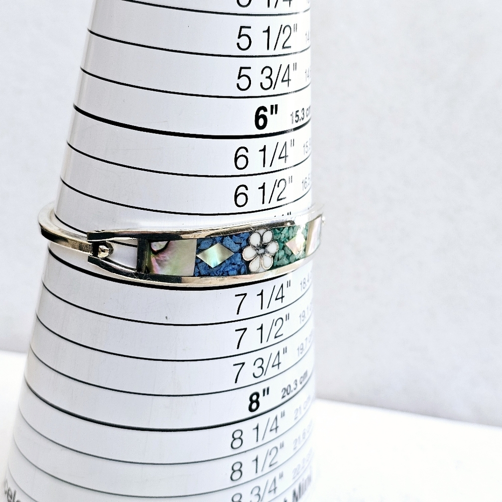 Mexico 925 Inlaid Gemstone Hinged Bracelet Michoan 925 - Picture 10 of 14
